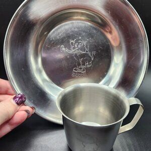 Vintage Baby Bowl and Cup with Circus Elephant- Leonard Stainless Steel